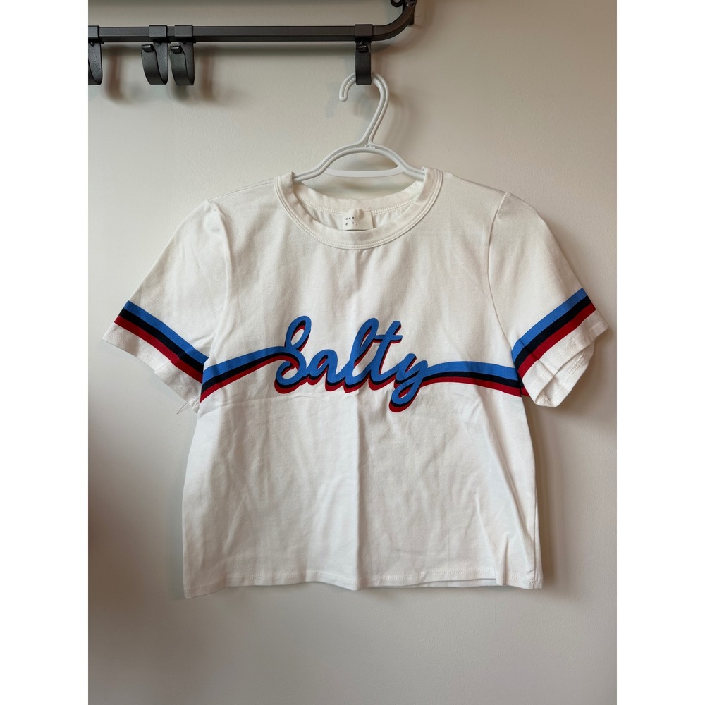 Dee Elly Salty Graphic Crop Top White Retro Stripe Short Sleeve Tee Size M